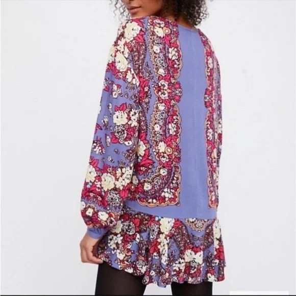Free People Lovely Dreams Print Long Sleeve Swing Tunic Top Floral Purple XS - Picture 2 of 8